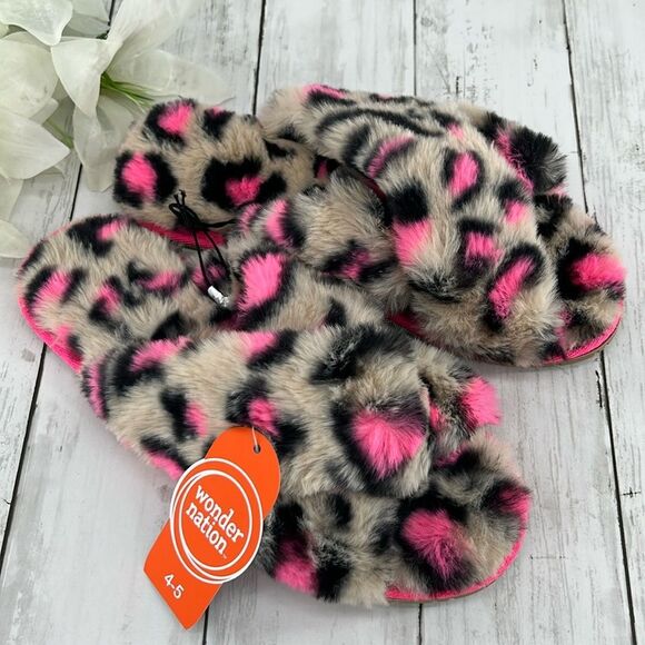 Big Girls Cross Band Faux Fur Leopard Slippers Shoes Size 4-5 - Picture 2 of 5